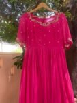 Hand Embroidered Pink Chanderi Silk Anarkali Dress: Floral Dupatta