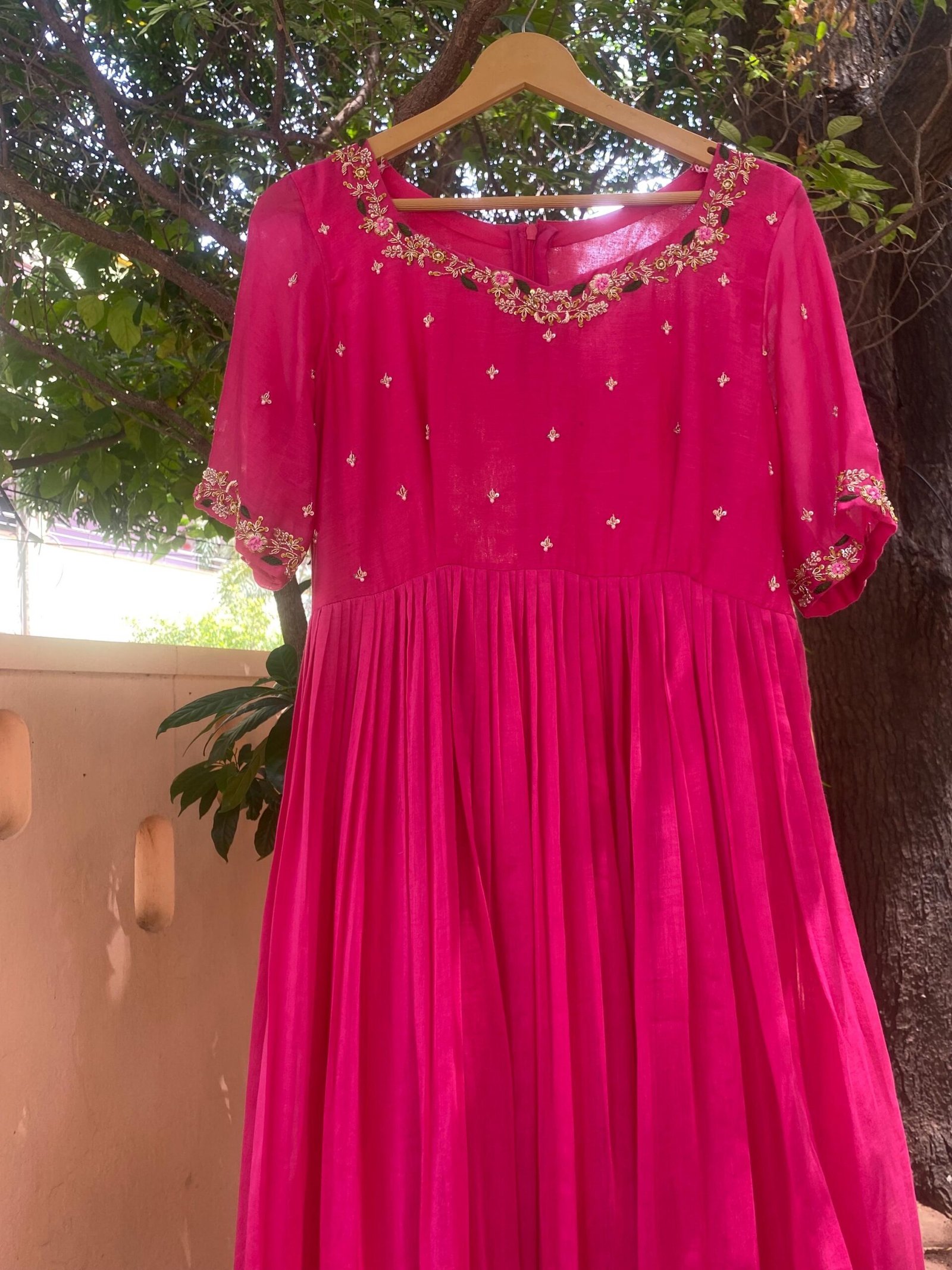 Hand Embroidered Pink Chanderi Silk Anarkali Dress: Floral Dupatta