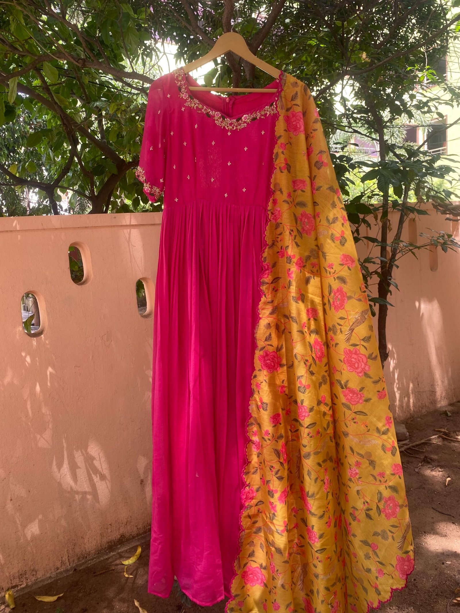 Hand Embroidered Pink Chanderi Anarkali Dress: Floral Dupatta, Indian Suit