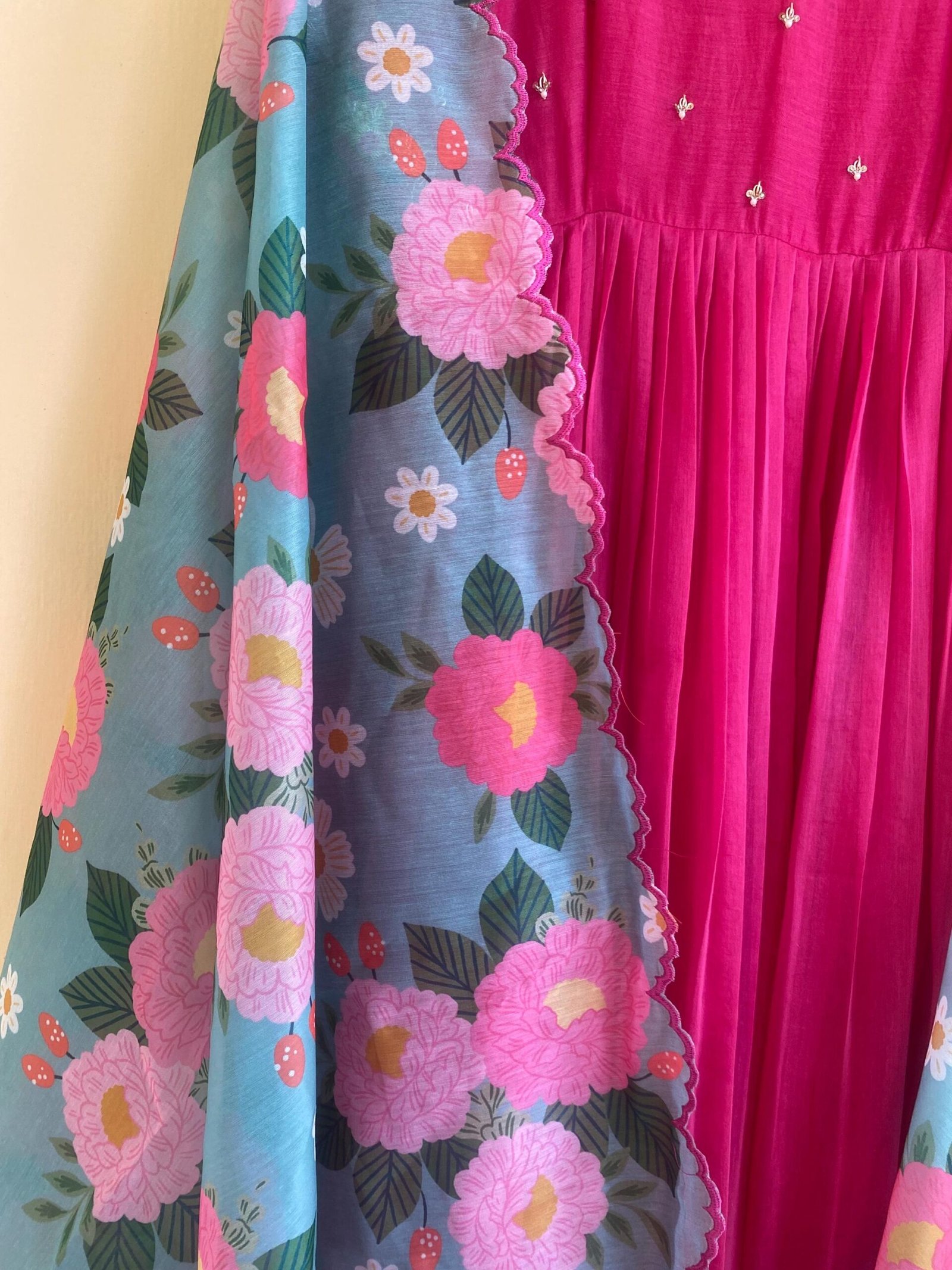 Hand Embroidered Pink Chanderi Silk Anarkali Dress: Floral Dupatta