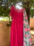 Hand Embroidered Pink Chanderi Silk Anarkali Dress: Floral Dupatta
