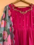 Hand Embroidered Pink Chanderi Silk Anarkali Dress: Floral Dupatta