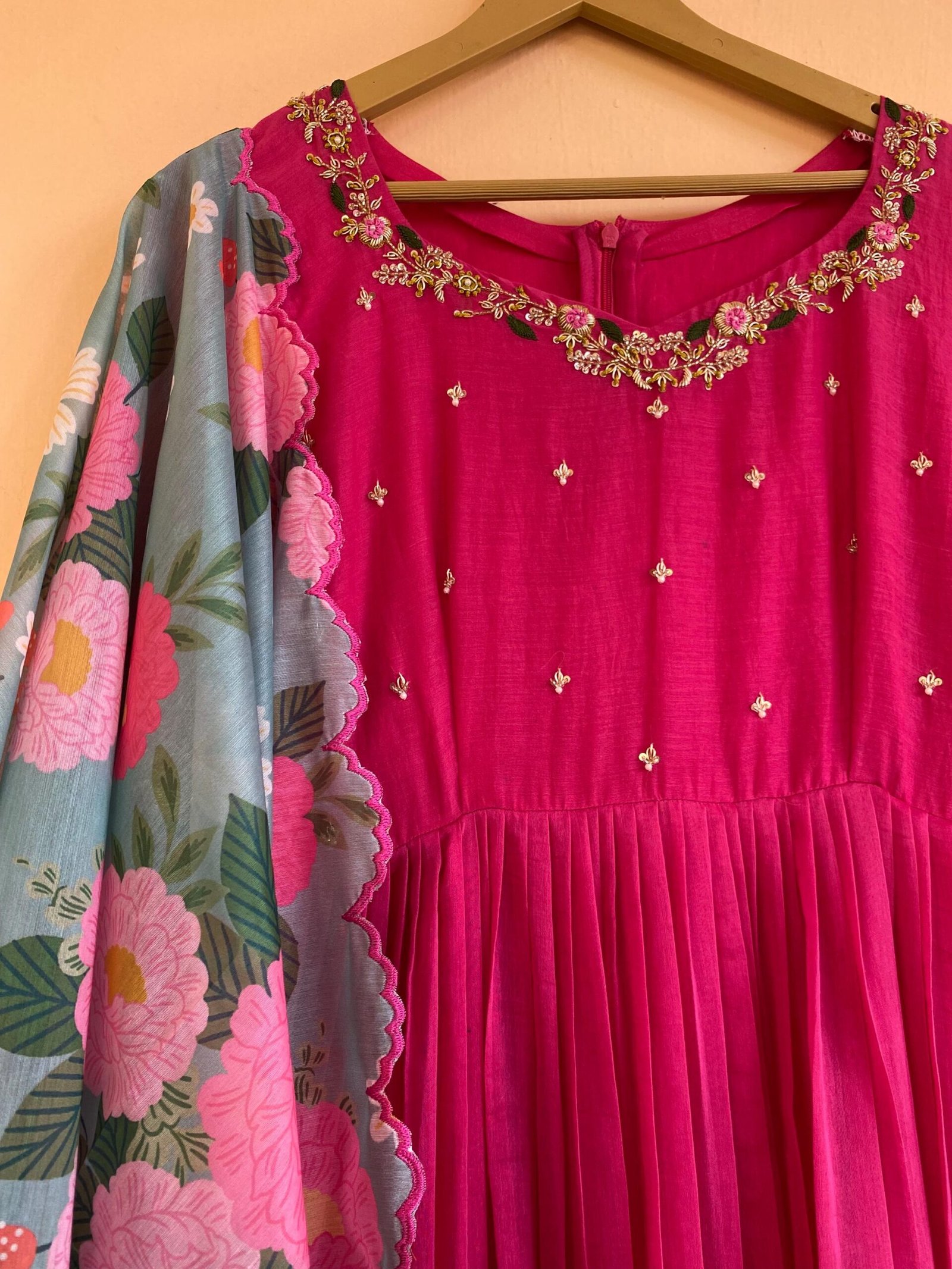 Hand Embroidered Pink Chanderi Silk Anarkali Dress: Floral Dupatta