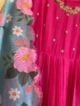 Hand Embroidered Pink Chanderi Silk Anarkali Dress: Floral Dupatta