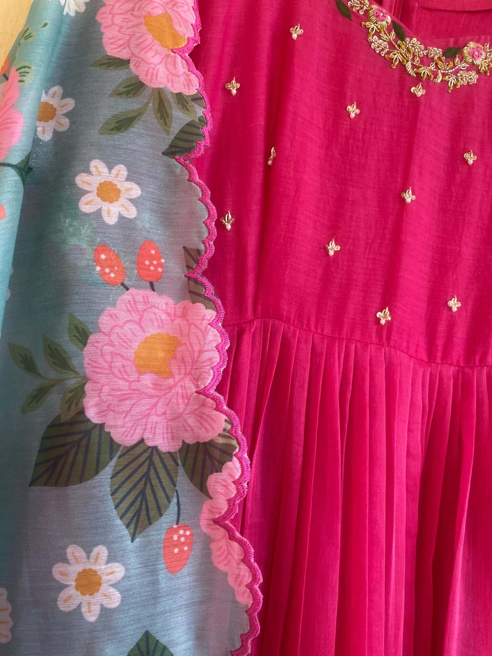 Hand Embroidered Pink Chanderi Silk Anarkali Dress: Floral Dupatta
