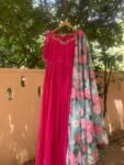 Hand Embroidered Pink Chanderi Silk Anarkali Dress: Floral Dupatta