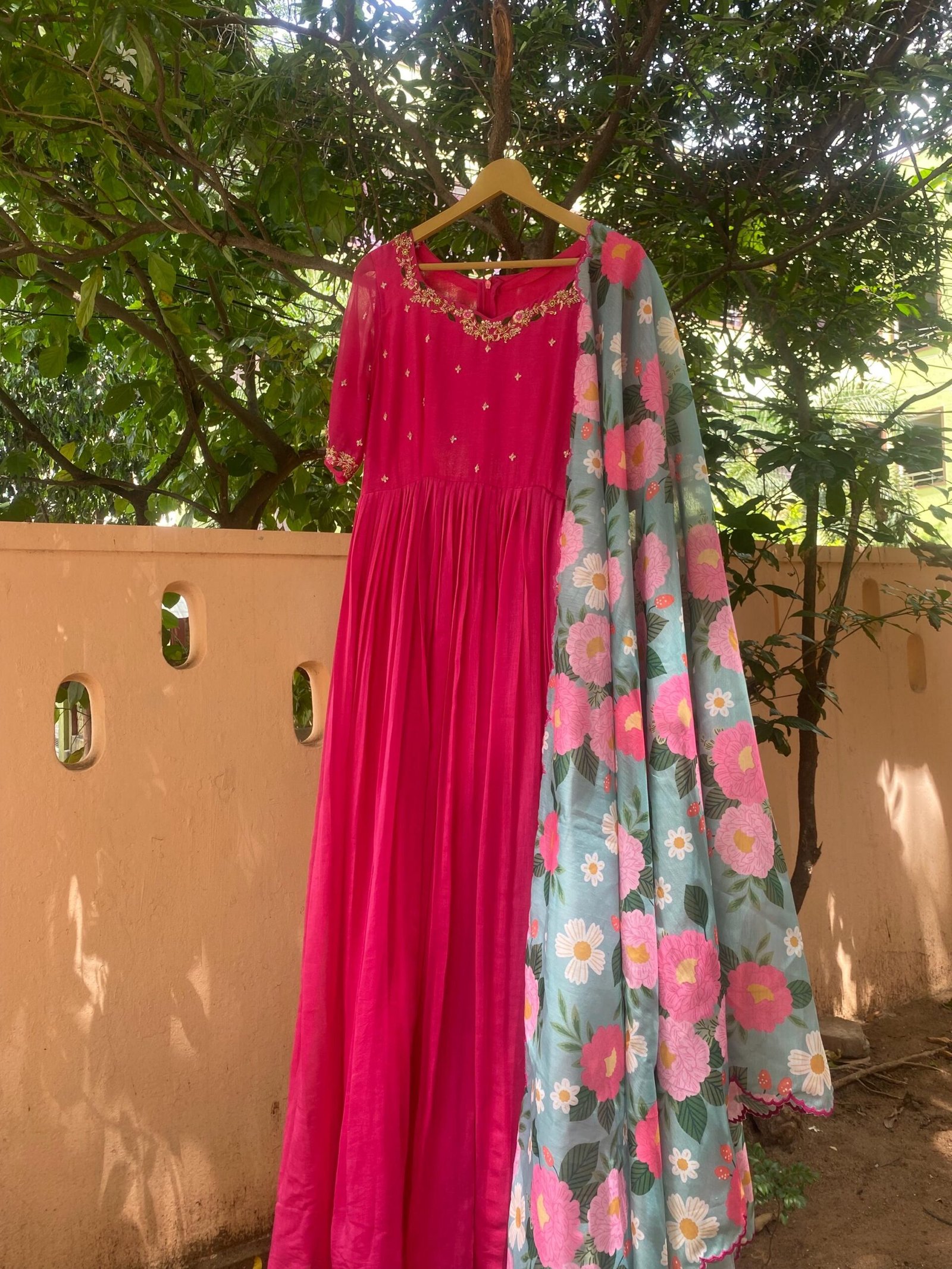 Hand Embroidered Pink Chanderi Silk Anarkali Dress: Floral Dupatta