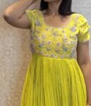 Hand Embroidered Yellow Silk Anarkali Dress: Indian Party Wedding Outfit