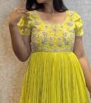 Hand Embroidered Yellow Silk Anarkali Dress: Indian Party Wedding Outfit