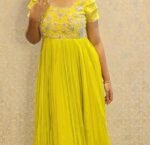Hand Embroidered Yellow Silk Anarkali Dress: Indian Party Wedding Outfit