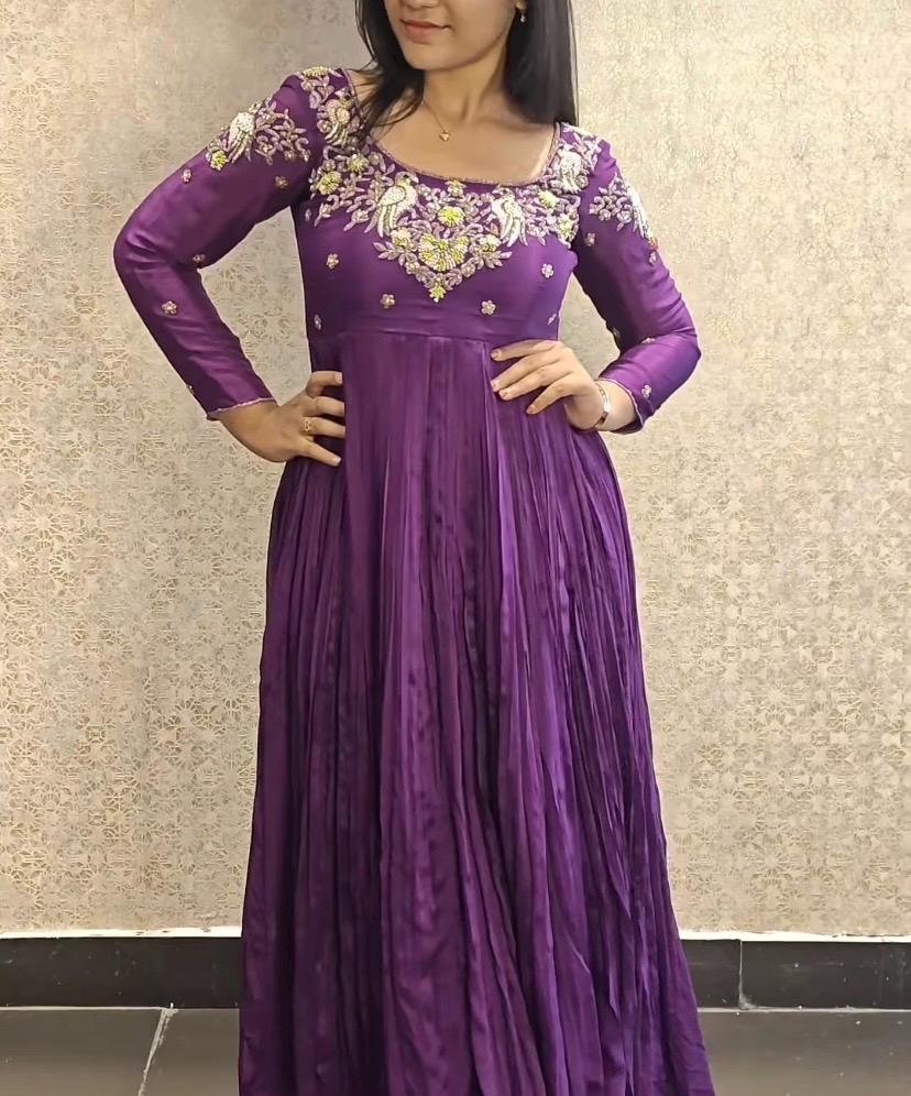 Hand Embroidered Purple Anarkali Dress: Chinnon Silk Indian Suit