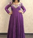 Hand Embroidered Purple Anarkali Dress: Chinnon Silk Indian Suit