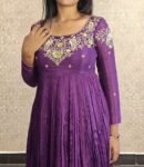 Hand Embroidered Purple Anarkali Dress: Chinnon Silk Indian Suit