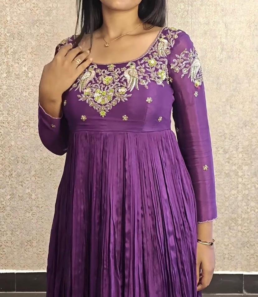 Hand Embroidered Purple Anarkali Dress: Chinnon Silk Indian Suit