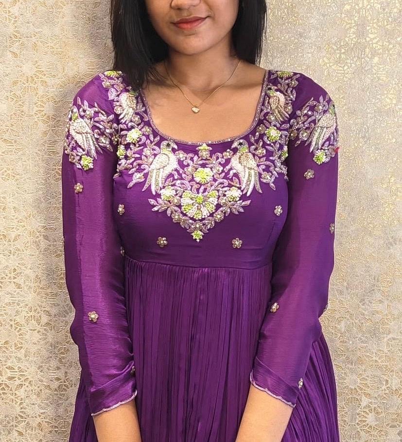 Hand Embroidered Purple Anarkali Dress: Chinnon Silk Indian Suit