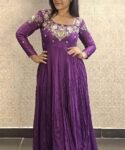 Hand Embroidered Purple Anarkali Dress: Chinnon Silk Indian Suit