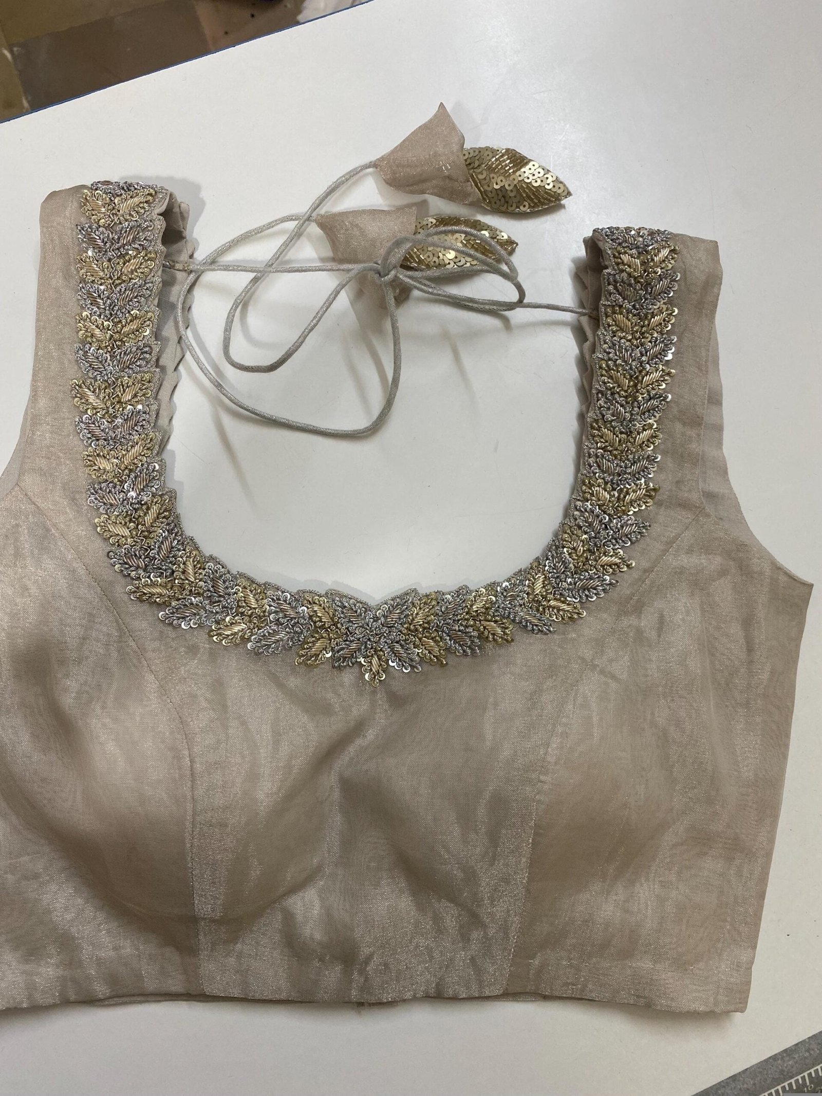 Hand Embroidered Zardosi Blouse: Silver Tissue Silk Sleeveless Crop Top