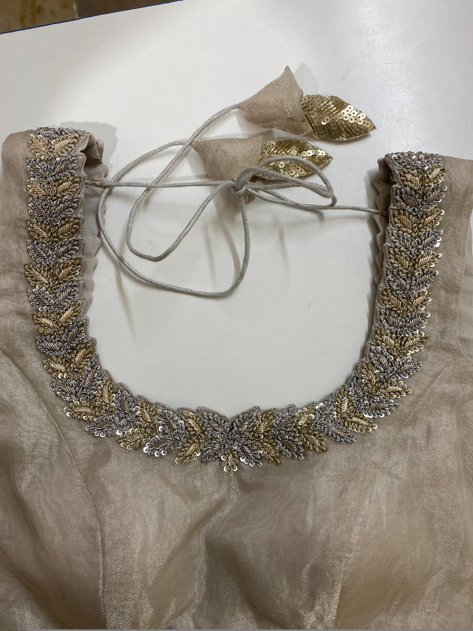 Hand Embroidered Zardosi Blouse: Silver Tissue Silk Sleeveless Crop Top