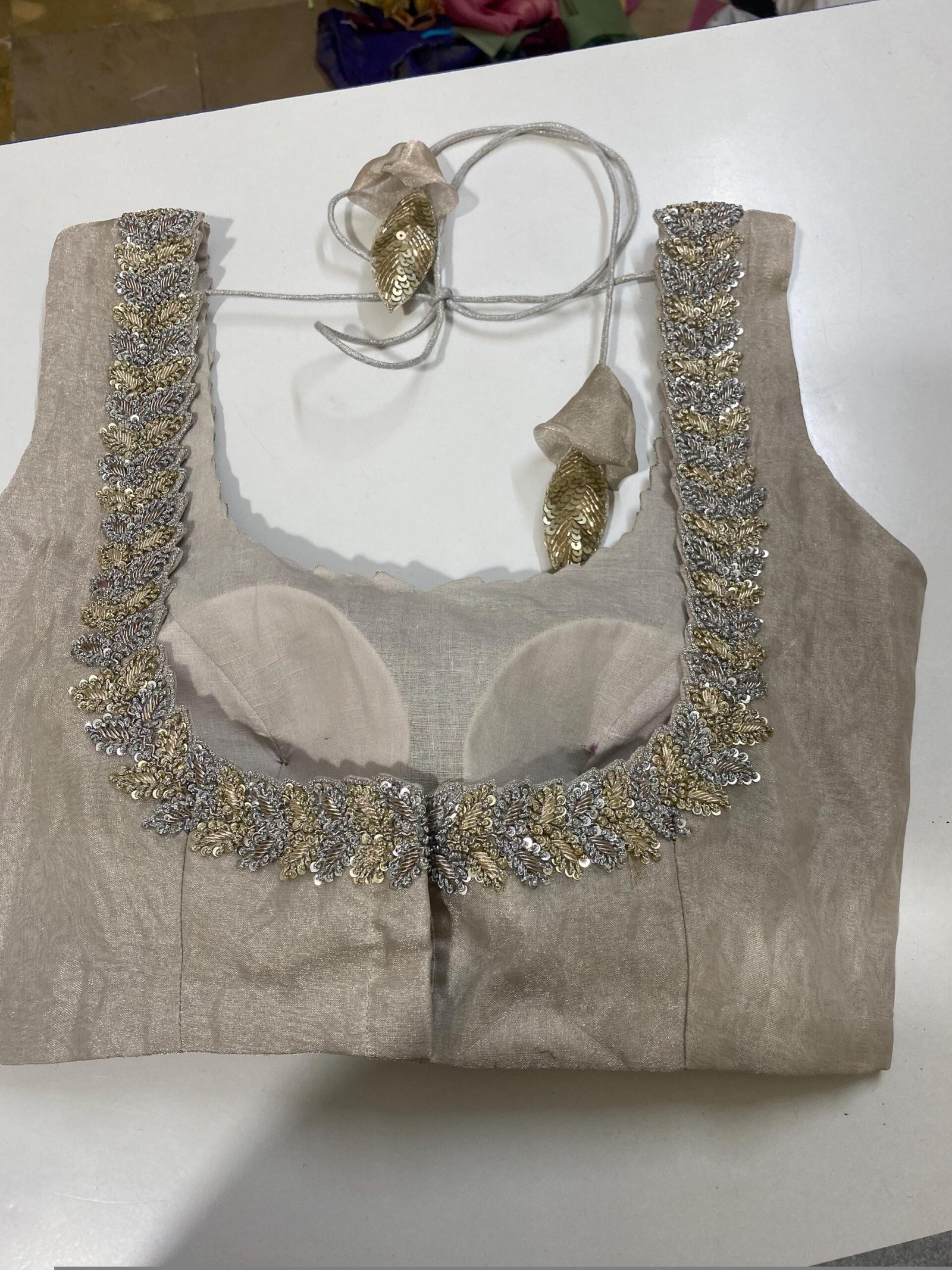 Hand Embroidered Zardosi Blouse: Silver Tissue Silk Sleeveless Crop Top