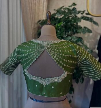 Hand Embroidered Zardosi Silk Blouse: Mehendi Green Maggam Work