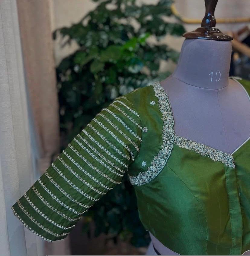 Hand Embroidered Zardosi Silk Blouse: Mehendi Green Maggam Work