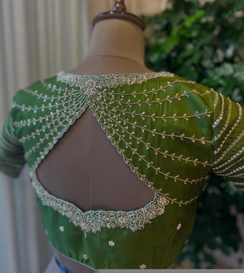Hand Embroidered Zardosi Silk Blouse: Mehendi Green Maggam Work