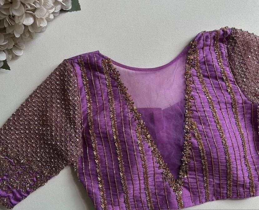 Lavender Hand Embroidered Silk Blouse: Zardosi Maggam Work