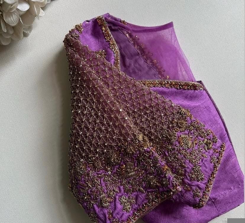 Lavender Hand Embroidered Silk Blouse: Zardosi Maggam Work