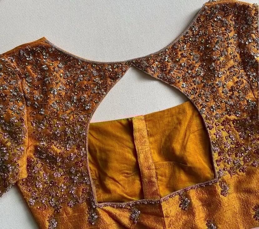Hand Embroidered Zardosi Silk Blouse: Mustard Yellow Maggam Work