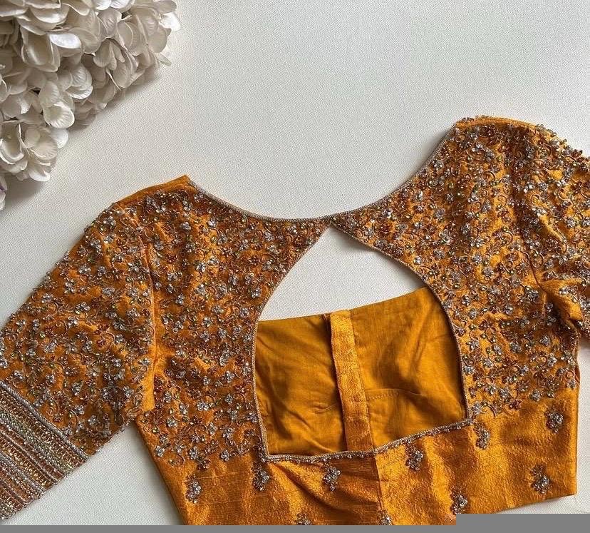 Hand Embroidered Zardosi Silk Blouse: Mustard Yellow Maggam Work