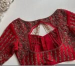 Red Silk Hand Embroidered Blouse: Zardosi Maggam Work, Soft Net Sleeves