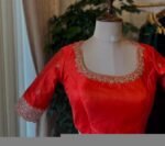 Hand Embroidered Zardosi Silk Blouse: Orange Saree Top