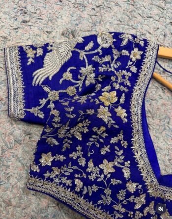 Hand Embroidered Zardosi Bridal Blouse: Blue Silk Wedding Crop Top