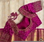 Magenta Pink Silk Hand Embroidered Blouse: Zardosi Wedding Sari Top