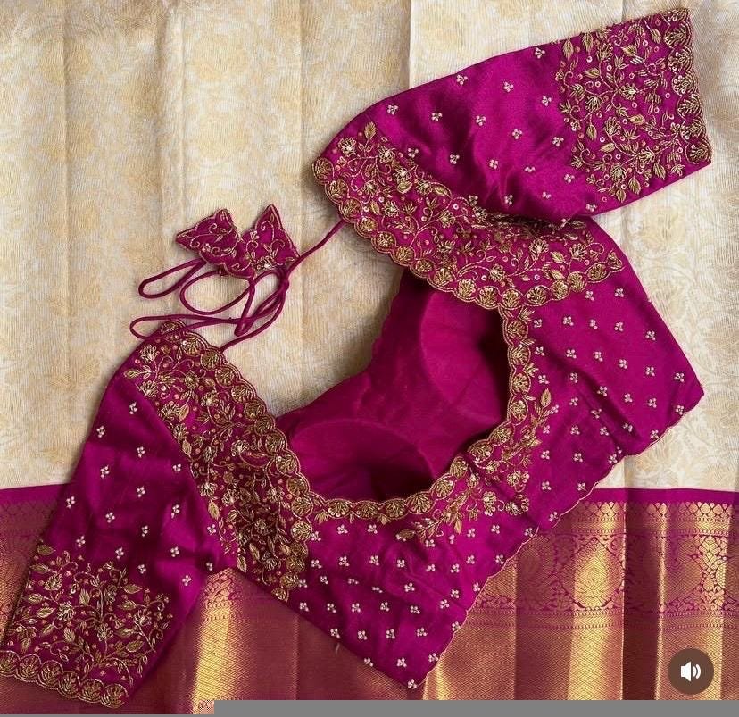 Magenta Pink Silk Hand Embroidered Blouse: Zardosi Wedding Sari Top