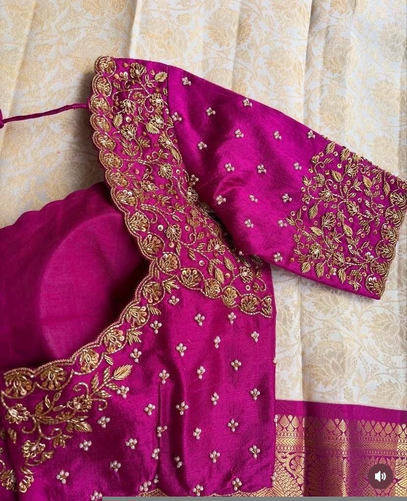Magenta Pink Silk Hand Embroidered Blouse: Zardosi Wedding Sari Top