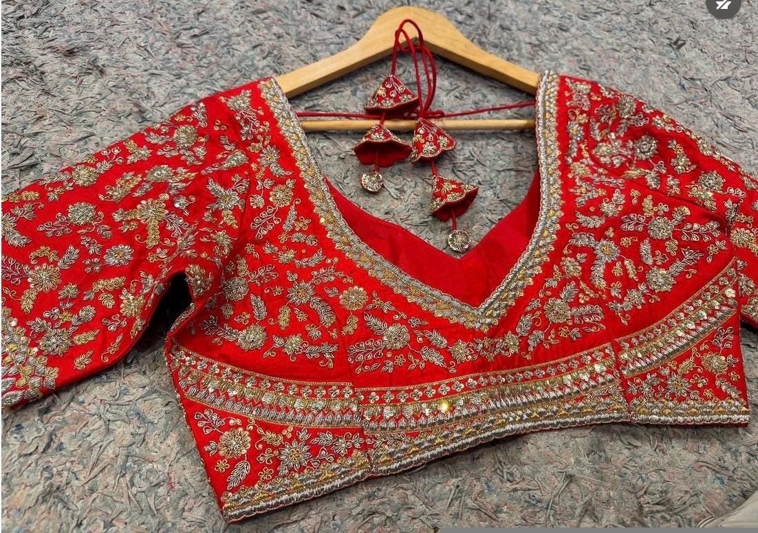 Hand Embroidered Red Silk Bridal Blouse: Zardosi Wedding Crop Top
