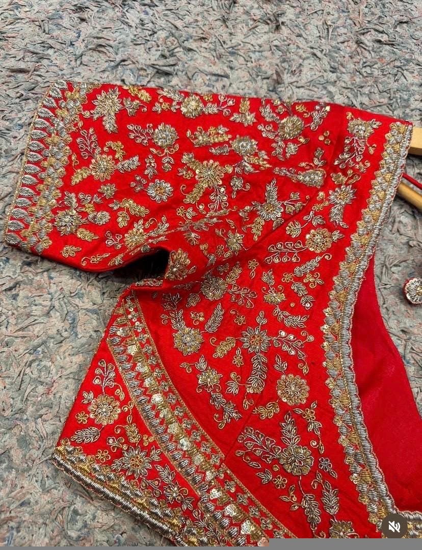 Hand Embroidered Red Silk Bridal Blouse: Zardosi Wedding Crop Top