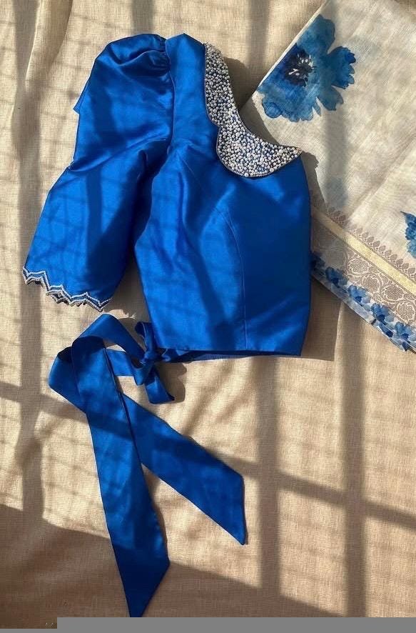 Blue hand embroidery blouse/blue maggam blouse/puff sleeve blouse/hand embroidered blouse/ready made blouse zardosi/blue collar work blouse
