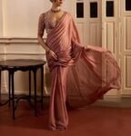 Dusty Pink Hand Embroidered Silk Saree with Organza Blouse
