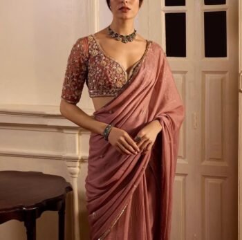 Dusty Pink Hand Embroidered Silk Saree with Organza Blouse