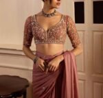 Dusty Pink Hand Embroidered Silk Saree with Organza Blouse