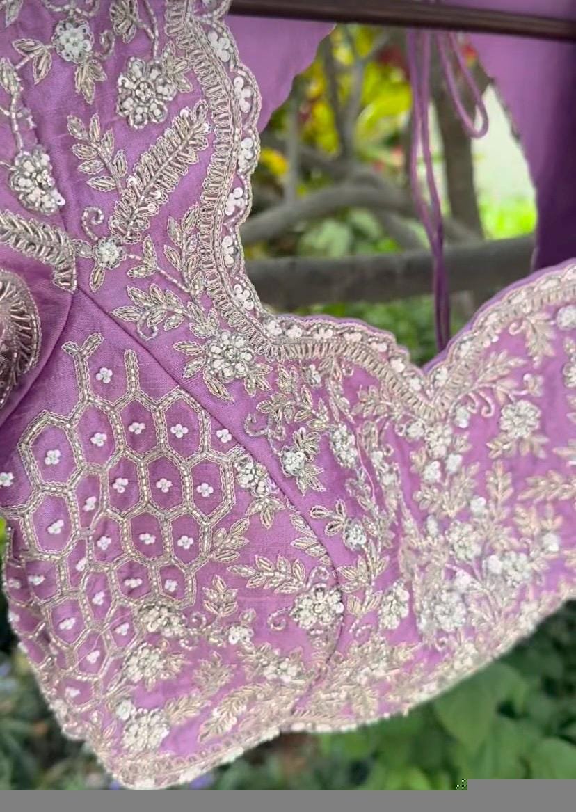 Lavender Silk Bridal Blouse: Hand Embroidered Zardosi Maggam Work
