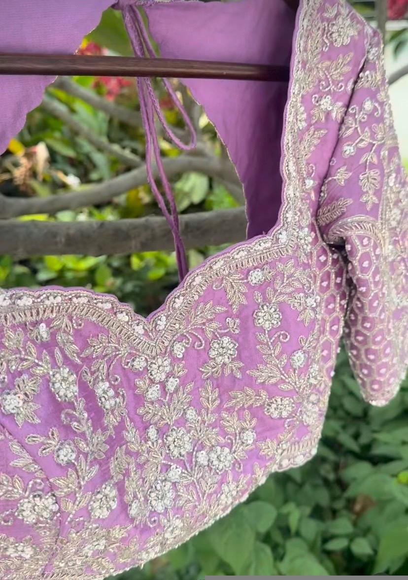 Lavender Silk Bridal Blouse: Hand Embroidered Zardosi Maggam Work
