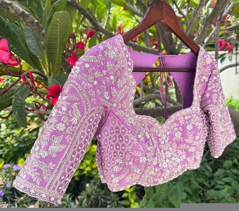 Lavender Silk Bridal Blouse: Hand Embroidered Zardosi Maggam Work
