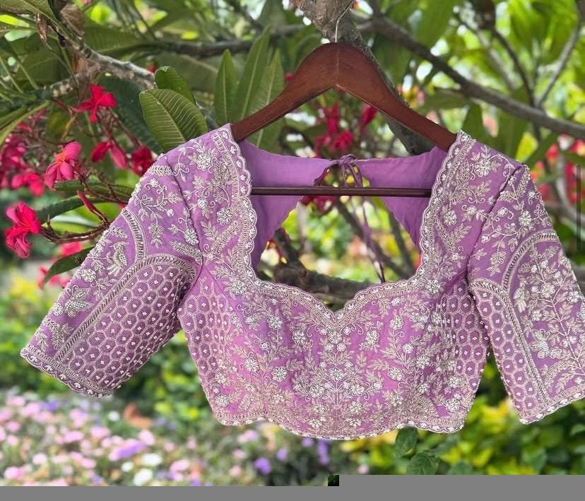Lavender Silk Bridal Blouse: Hand Embroidered Zardosi Maggam Work