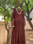Hand Embroidered Kota Cotton Anarkali Dress: Brown Indian Dress