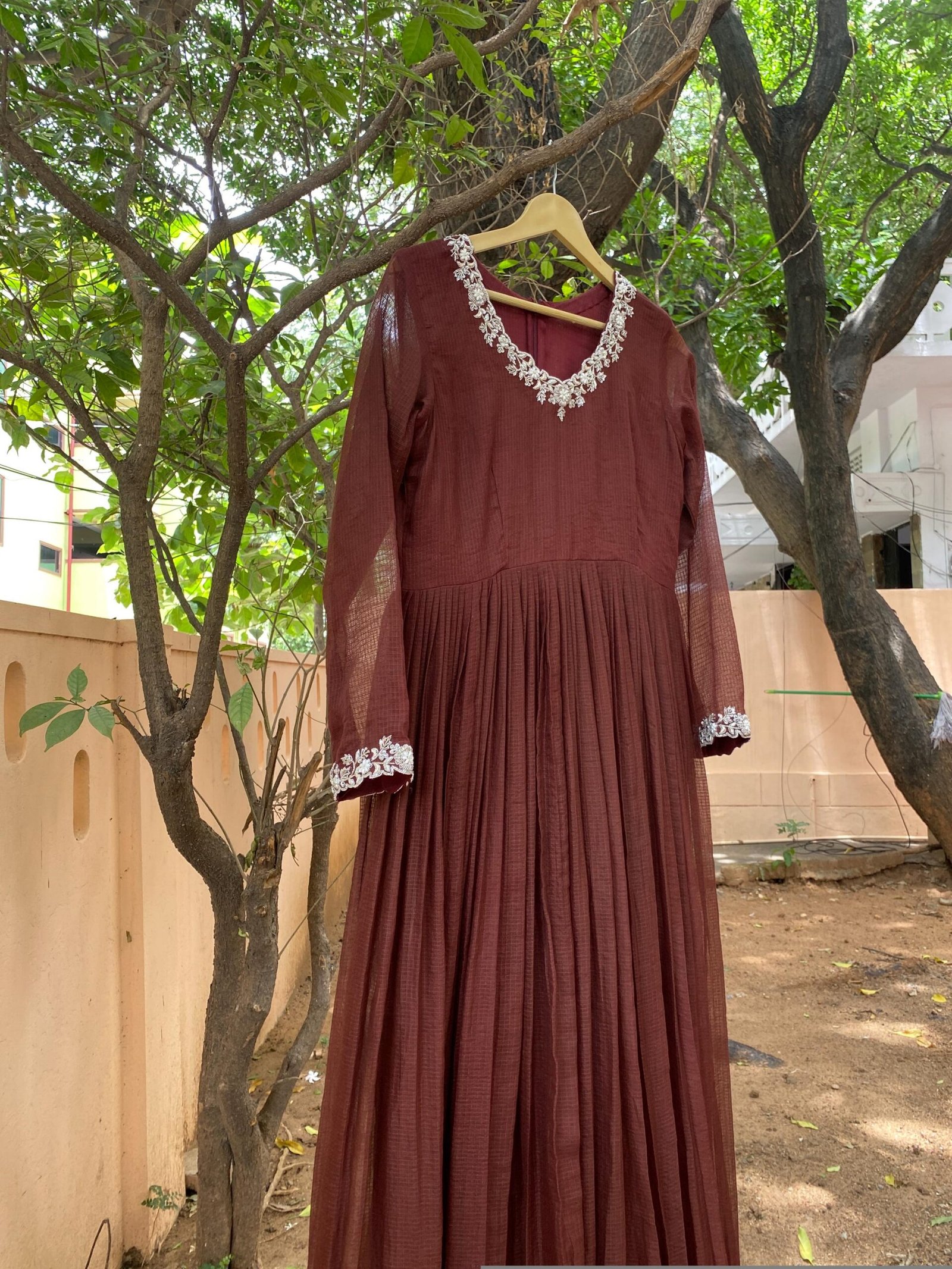 Hand Embroidered Kota Cotton Anarkali Dress: Brown Indian Dress