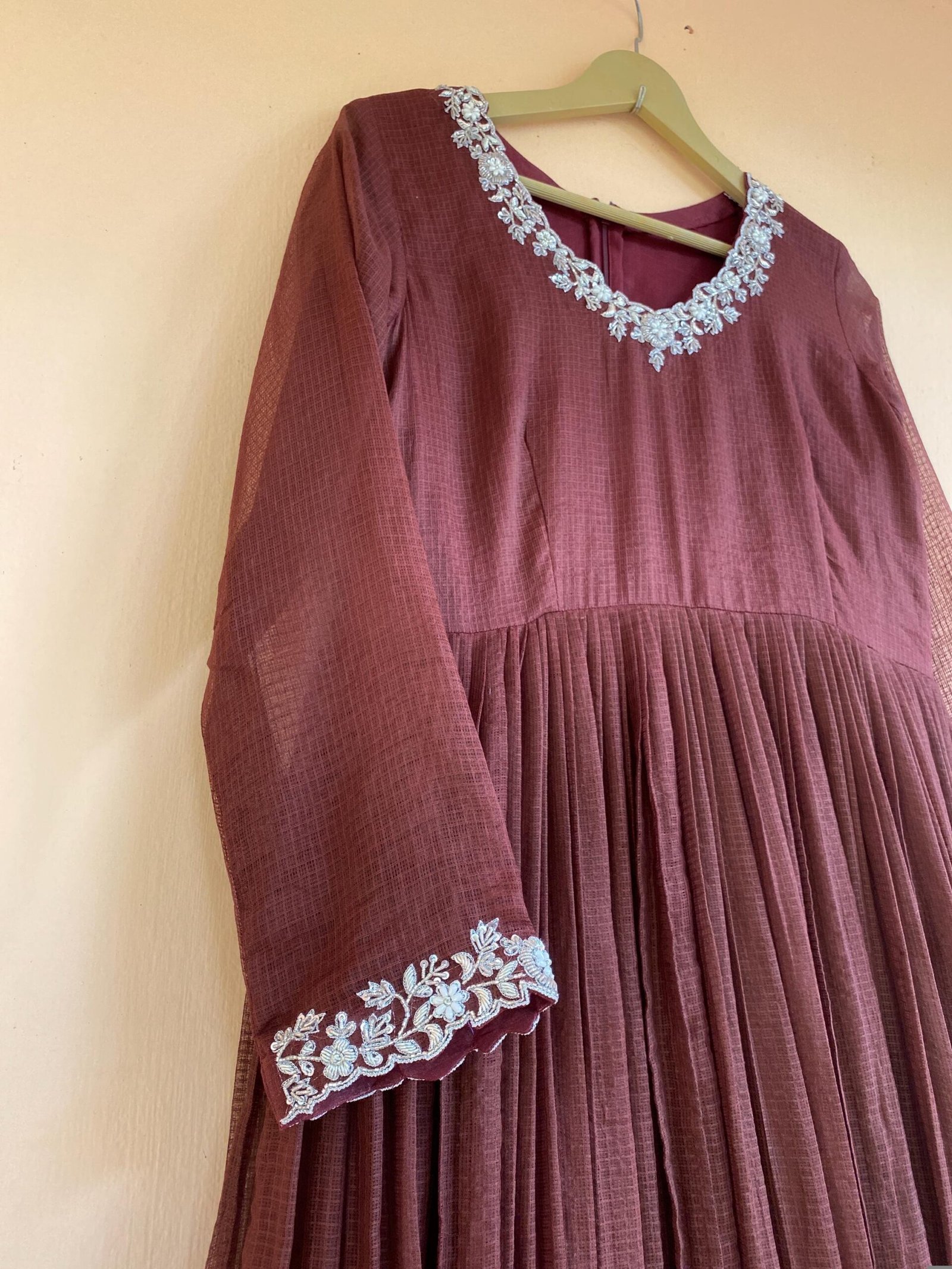 Hand Embroidered Kota Cotton Anarkali Dress: Brown Indian Dress
