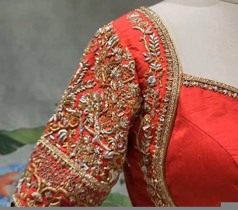 Red Silk Bridal Blouse: Hand Embroidered Zardosi Wedding Crop Top, bridal saree blouse,handwork blouse,bridal wedding blouse,Indian blouses